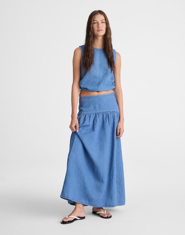 Drop-Waist Maxi Skirt in Cotton-Linen Denim IRVING WASH