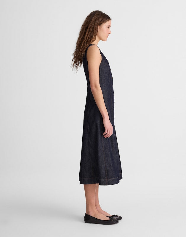 Airy Denim Squareneck Button-Front Midi Dress RINSE WASH
