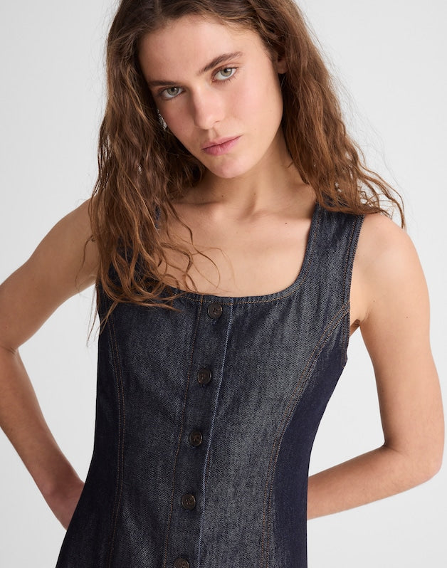 Airy Denim Squareneck Button-Front Midi Dress RINSE WASH