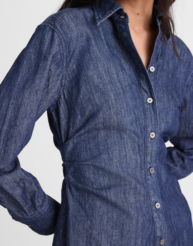 Denim Ruched Mini Shirtdress in Light Rinse Wash LIGHT RINSE
