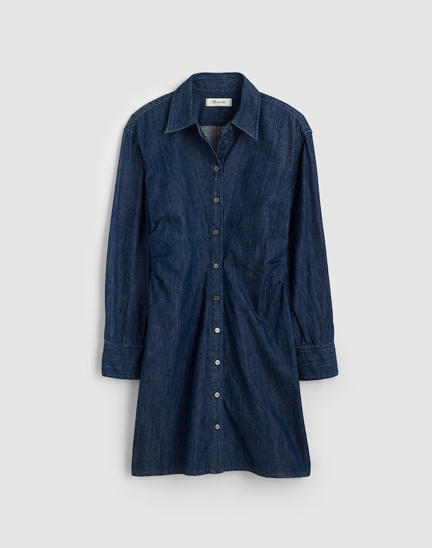 Denim Ruched Mini Shirtdress in Light Rinse Wash LIGHT RINSE