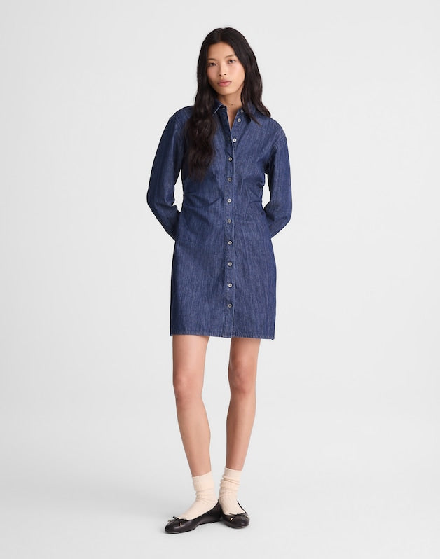 Denim Ruched Mini Shirtdress in Light Rinse Wash LIGHT RINSE