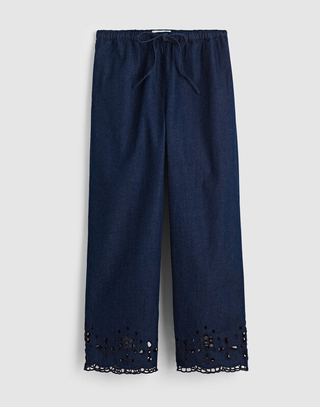 Denim Embroidered-Hem Pull-On Pants MARFIELD WASH
