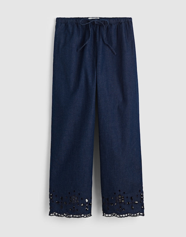 Denim Embroidered-Hem Pull-On Pants MARFIELD WASH