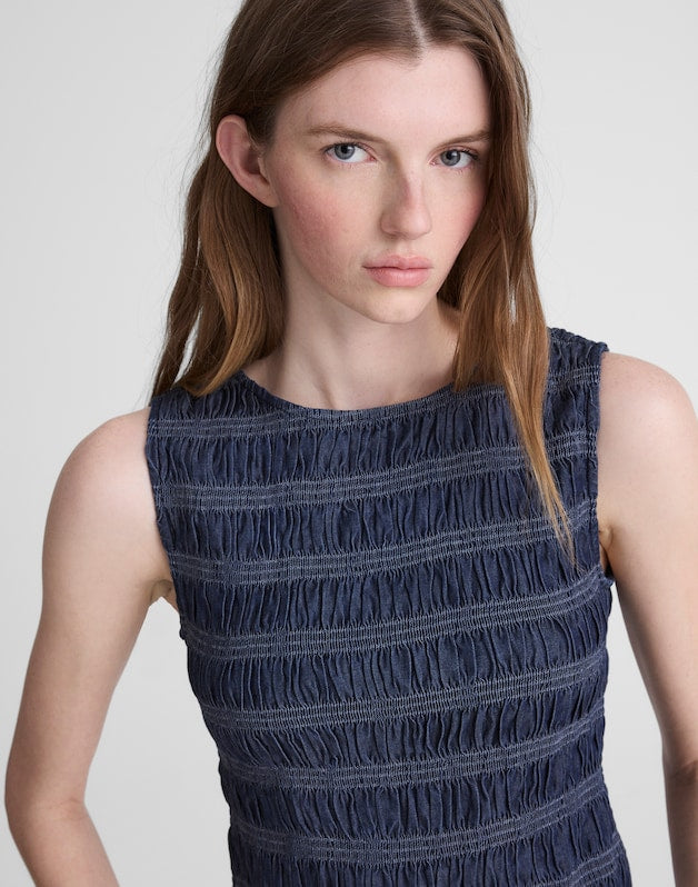 Denim Smocked Boatneck Tank CARRIGAN WASH