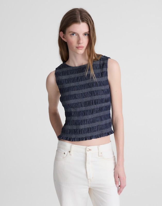 Denim Smocked Boatneck Tank CARRIGAN WASH