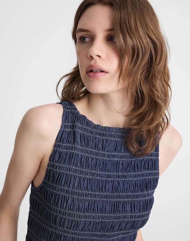 Denim Smocked Boatneck Midi Dress CARRIGAN WASH