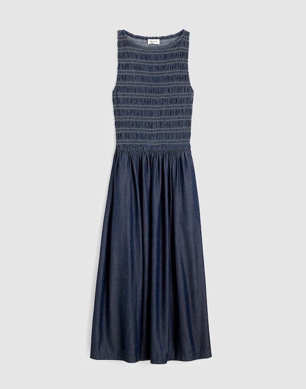 Denim Smocked Boatneck Midi Dress CARRIGAN WASH