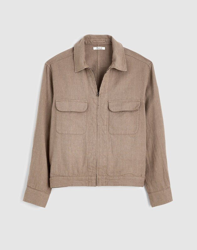 Zip-Front Jacket in Herringbone Cotton-Linen Blend LIGHT MAUVE