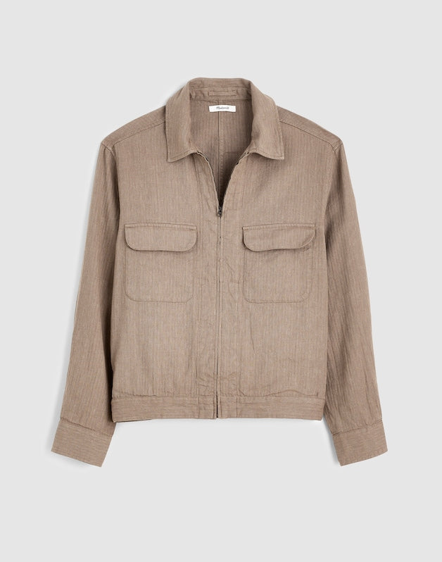 Zip-Front Jacket in Herringbone Cotton-Linen Blend LIGHT MAUVE