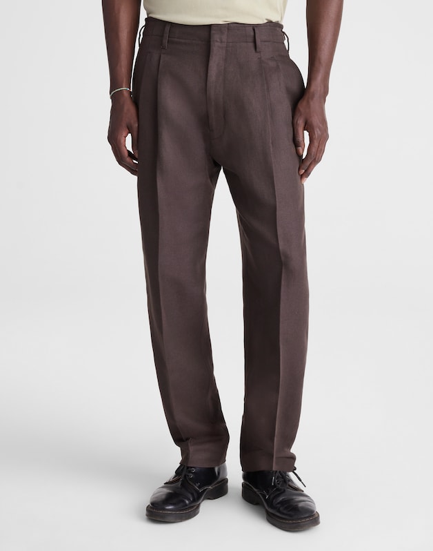 Double-Pleated Trousers in Linen-Cotton Blend DARK BROWN