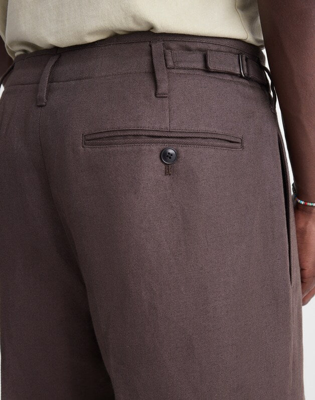 Double-Pleated Trousers in Linen-Cotton Blend DARK BROWN