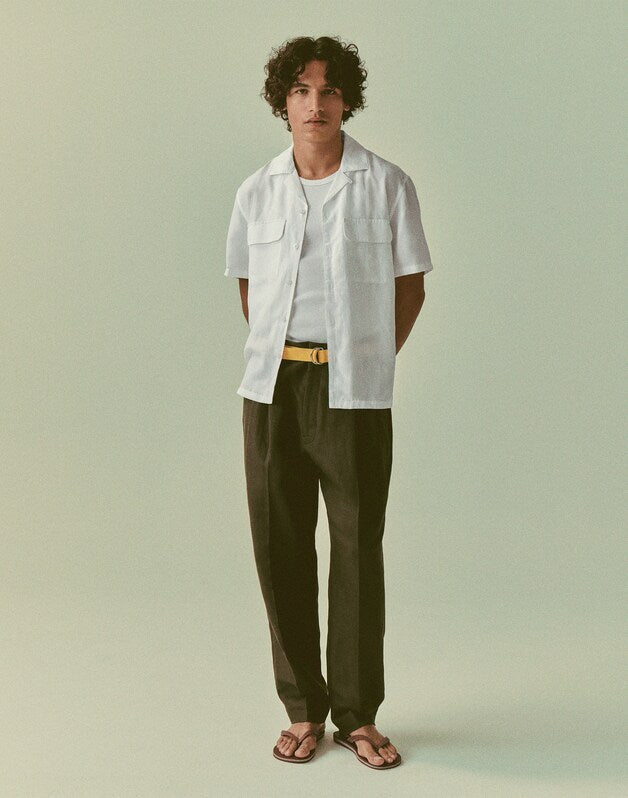 Double-Pleated Trousers in Linen-Cotton Blend DARK BROWN