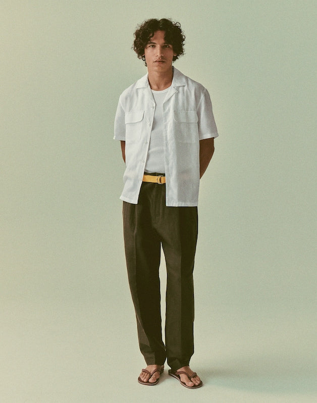 Double-Pleated Trousers in Linen-Cotton Blend DARK BROWN