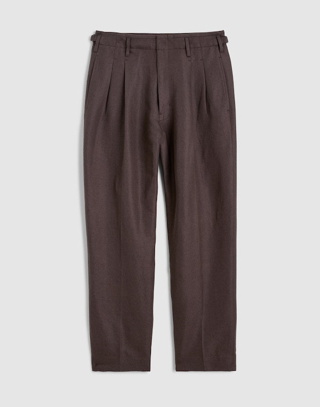 Double-Pleated Trousers in Linen-Cotton Blend DARK BROWN
