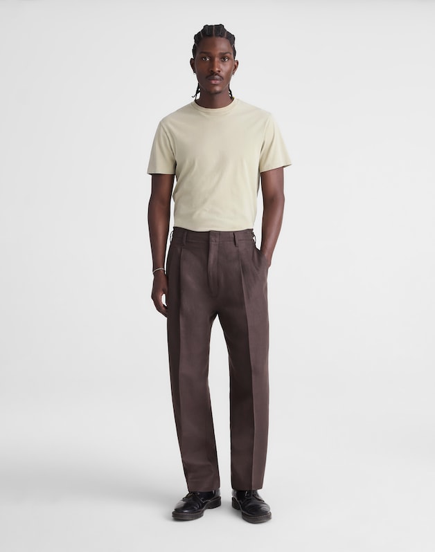 Double-Pleated Trousers in Linen-Cotton Blend DARK BROWN