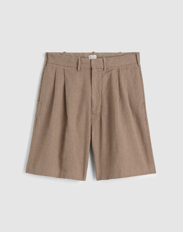 Double-Pleated Shorts in Herringbone Linen-Cotton Blend LIGHT MAUVE