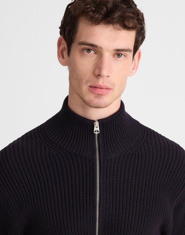 Cotton Shaker-Stitch Full-Zip Sweater OBSIDIAN BLUE
