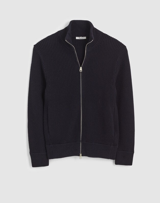 Cotton Shaker-Stitch Full-Zip Sweater OBSIDIAN BLUE