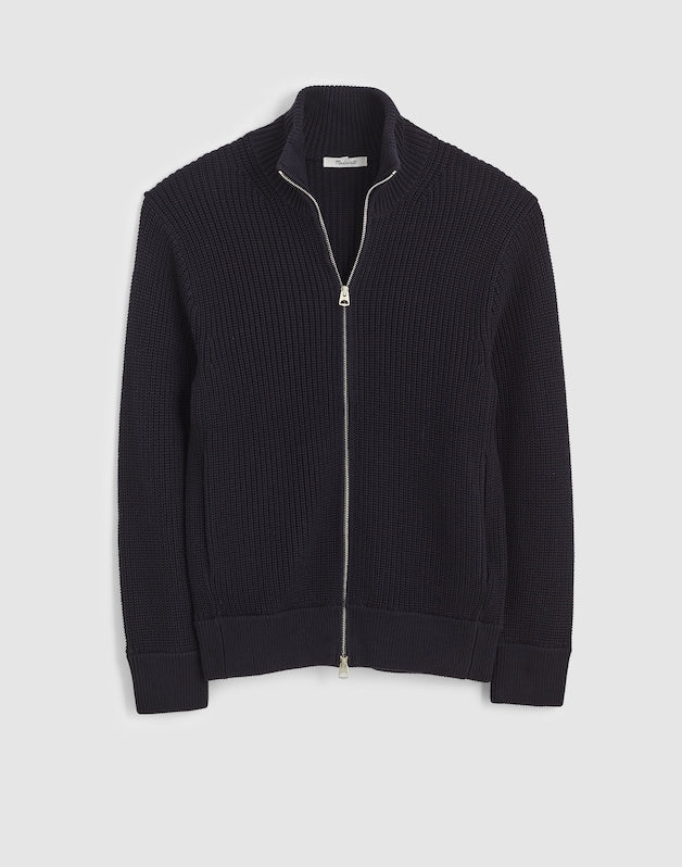 Cotton Shaker-Stitch Full-Zip Sweater OBSIDIAN BLUE