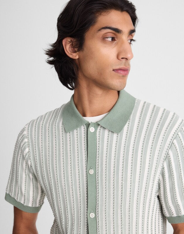Tuck-Stitch Button-Up Sweater Polo FROSTED CYPRESS