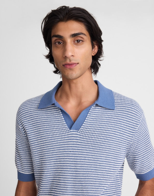 Textured-Stitch Johnny-Collar Sweater Polo STEEL BLUE