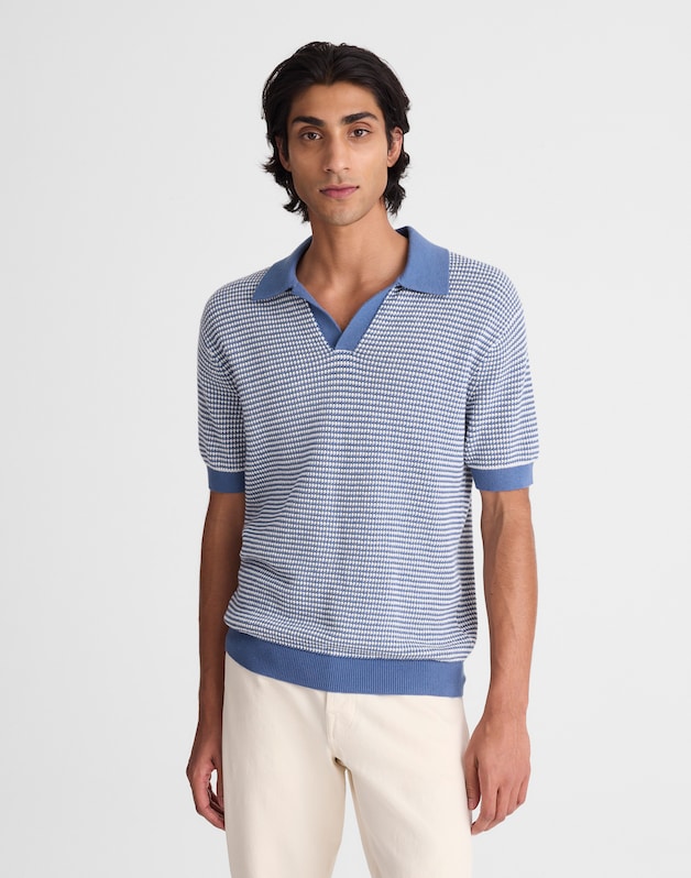 Textured-Stitch Johnny-Collar Sweater Polo STEEL BLUE