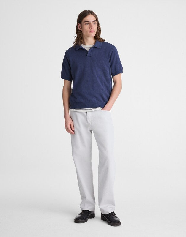 Johnny-Collar Sweater Polo in Slub Knit Cotton PETROL NAVY