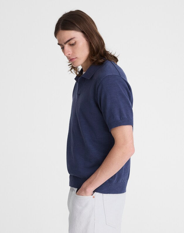 Johnny-Collar Sweater Polo in Slub Knit Cotton PETROL NAVY
