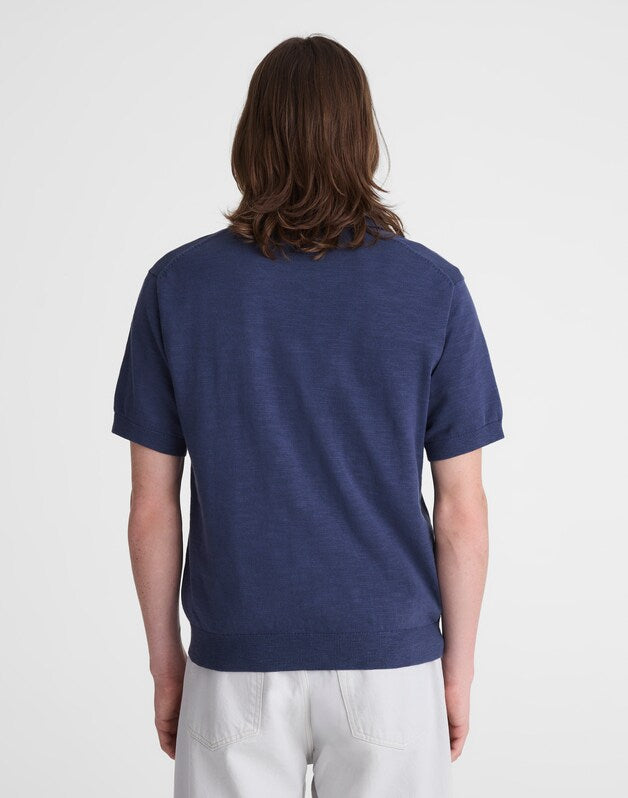 Johnny-Collar Sweater Polo in Slub Knit Cotton PETROL NAVY