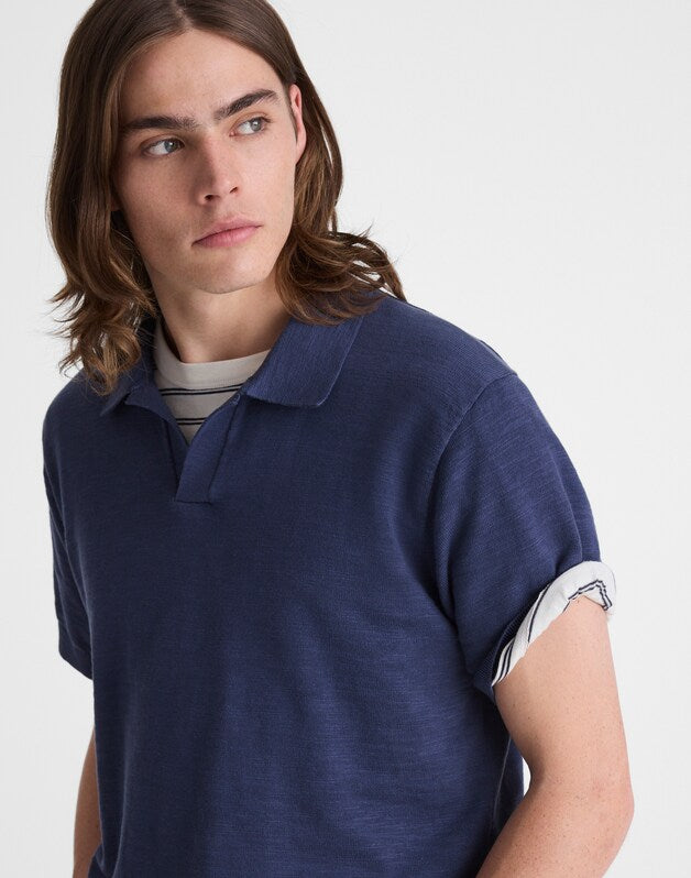 Johnny-Collar Sweater Polo in Slub Knit Cotton PETROL NAVY