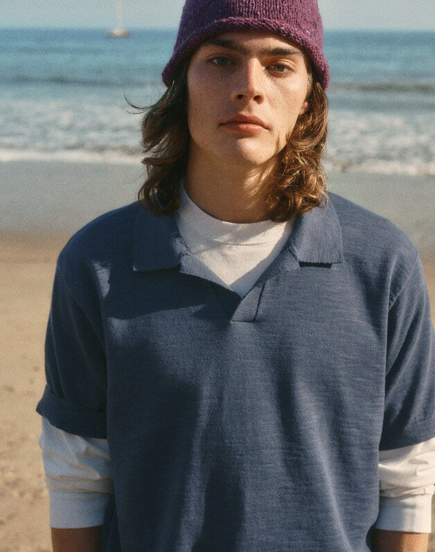 Johnny-Collar Sweater Polo in Slub Knit Cotton PETROL NAVY