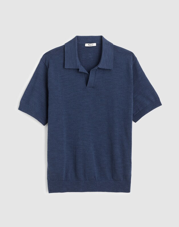 Johnny-Collar Sweater Polo in Slub Knit Cotton PETROL NAVY