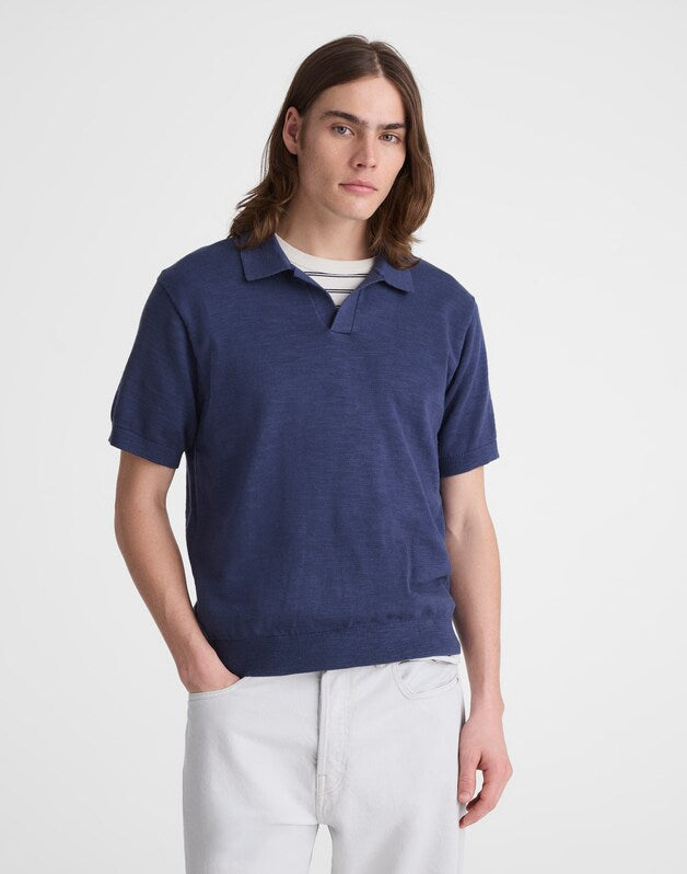 Johnny-Collar Sweater Polo in Slub Knit Cotton PETROL NAVY