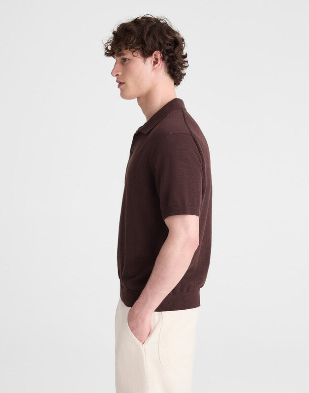 Johnny-Collar Sweater Polo in Slub Knit Cotton COFFEE BEAN