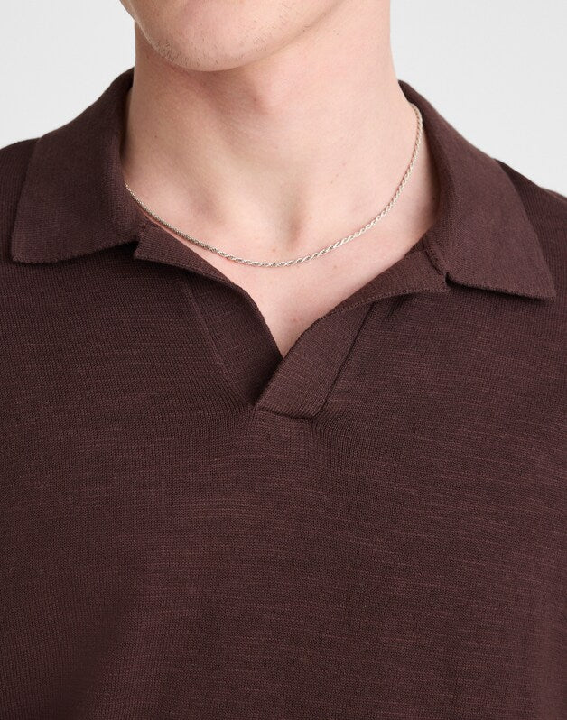 Johnny-Collar Sweater Polo in Slub Knit Cotton COFFEE BEAN