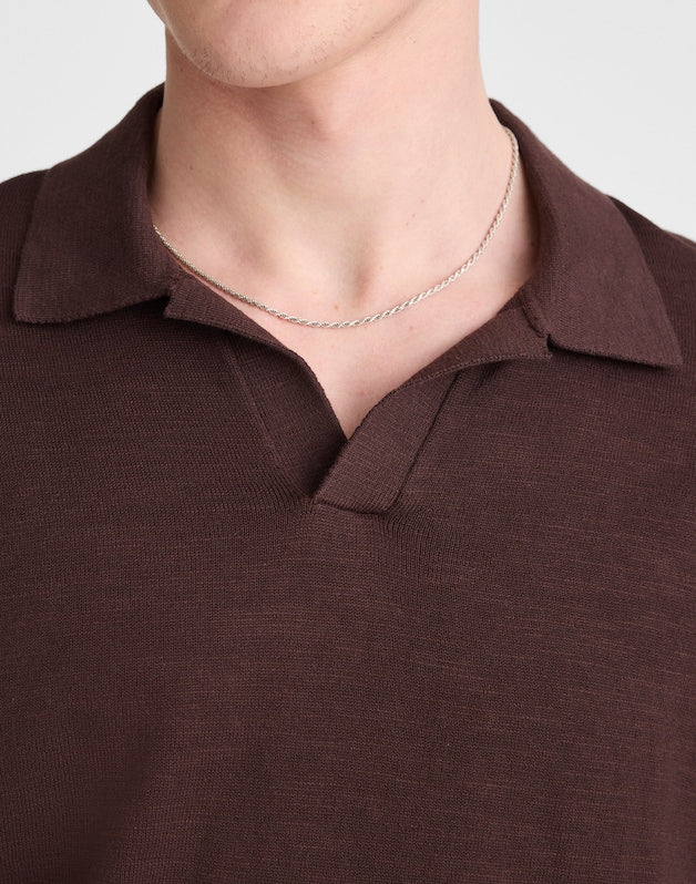 Johnny-Collar Sweater Polo in Slub Knit Cotton COFFEE BEAN