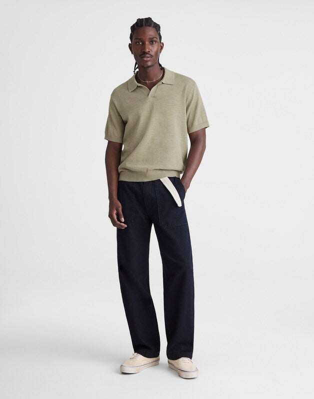Johnny-Collar Sweater Polo in Slub Knit Cotton WASHED OLIVE
