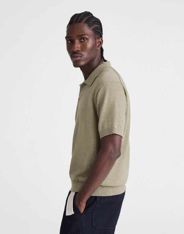 Johnny-Collar Sweater Polo in Slub Knit Cotton WASHED OLIVE