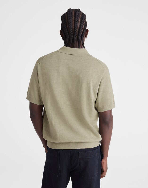 Johnny-Collar Sweater Polo in Slub Knit Cotton WASHED OLIVE
