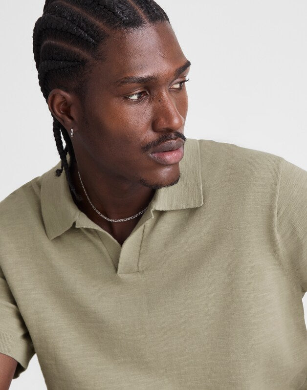 Johnny-Collar Sweater Polo in Slub Knit Cotton WASHED OLIVE