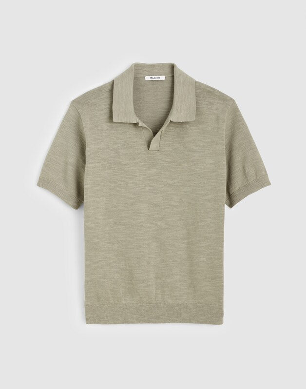 Johnny-Collar Sweater Polo in Slub Knit Cotton WASHED OLIVE