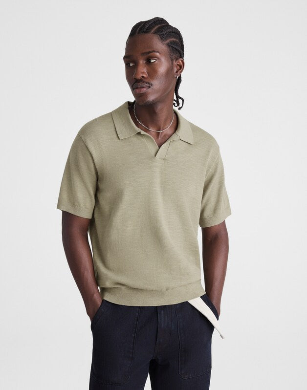 Johnny-Collar Sweater Polo in Slub Knit Cotton WASHED OLIVE