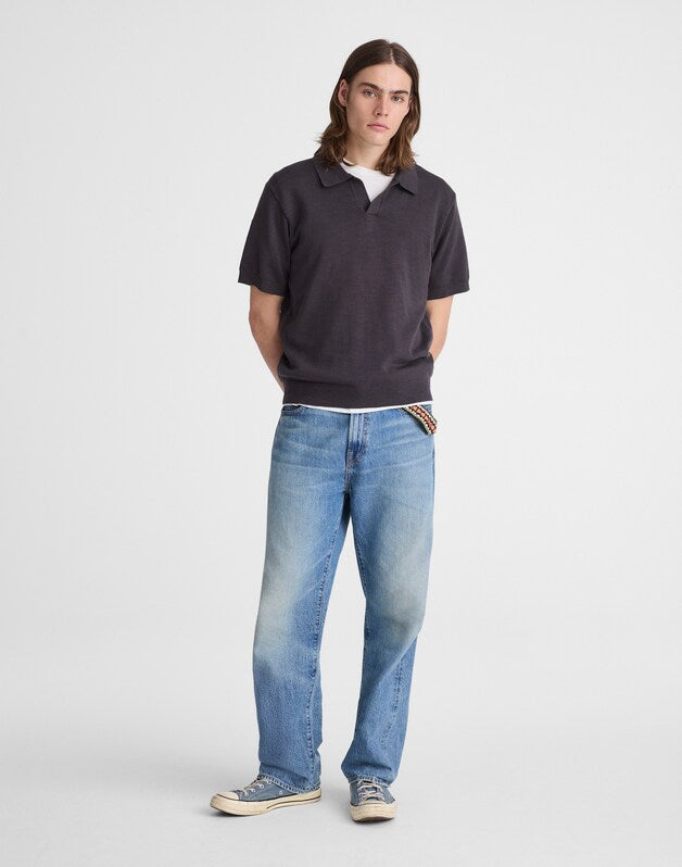 Johnny-Collar Sweater Polo in Slub Knit Cotton COAL