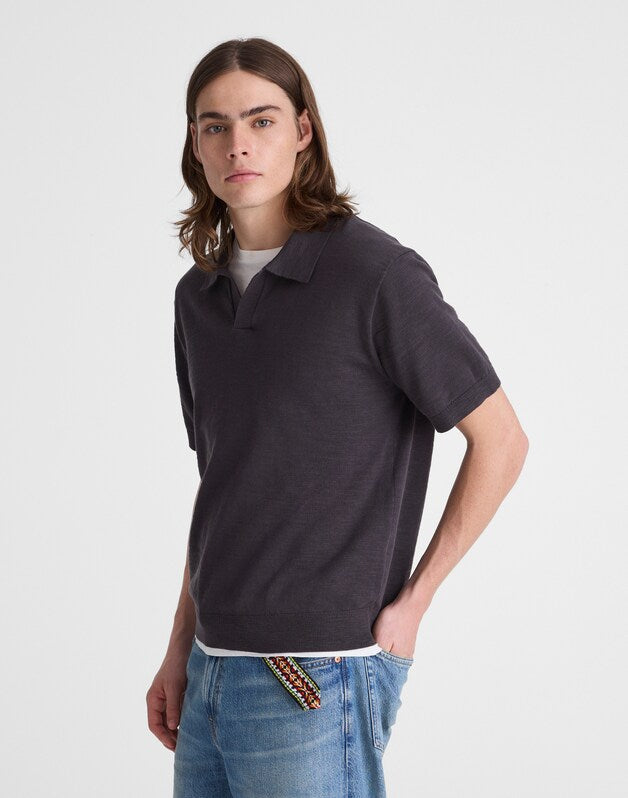 Johnny-Collar Sweater Polo in Slub Knit Cotton COAL