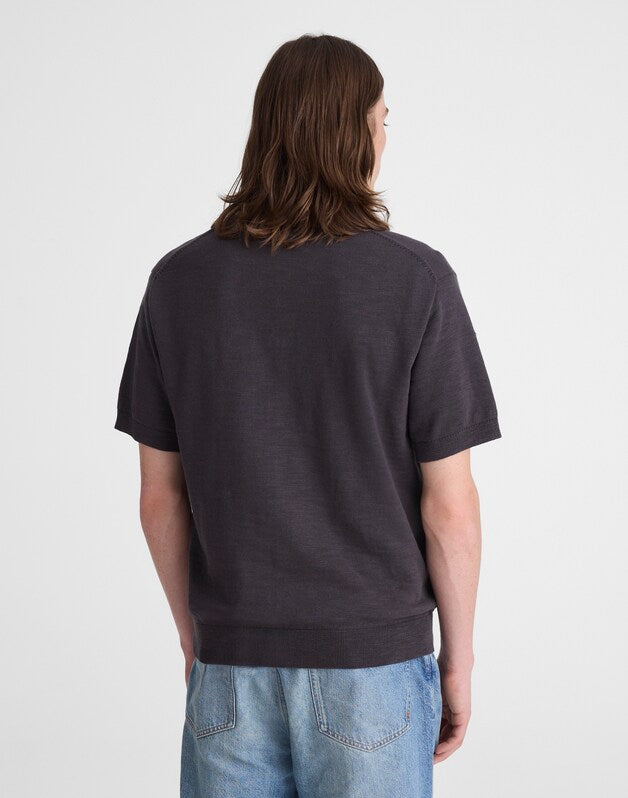 Johnny-Collar Sweater Polo in Slub Knit Cotton COAL