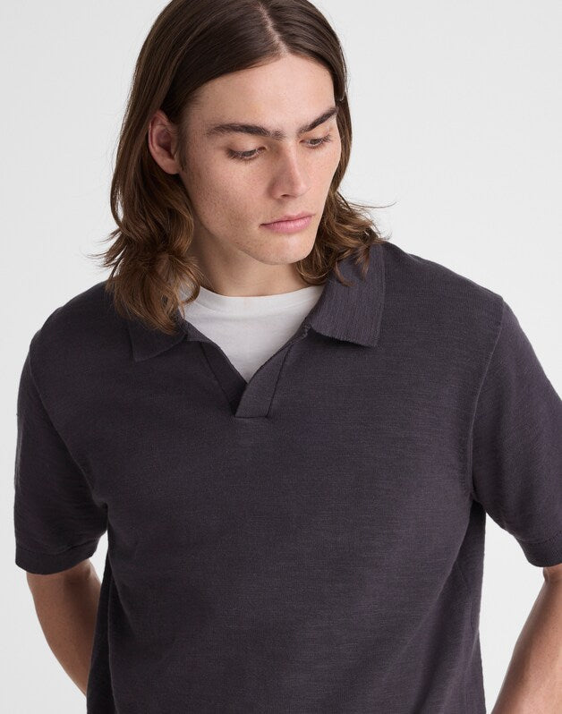 Johnny-Collar Sweater Polo in Slub Knit Cotton COAL