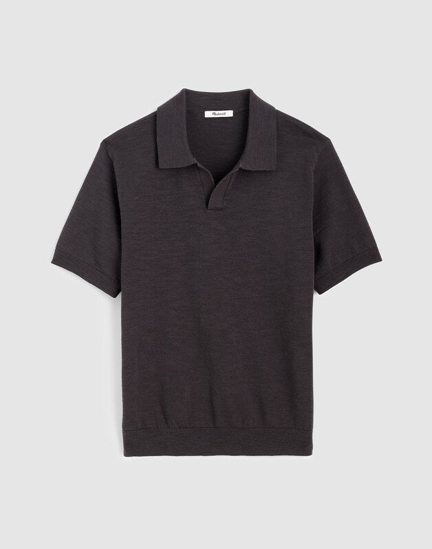Johnny-Collar Sweater Polo in Slub Knit Cotton COAL