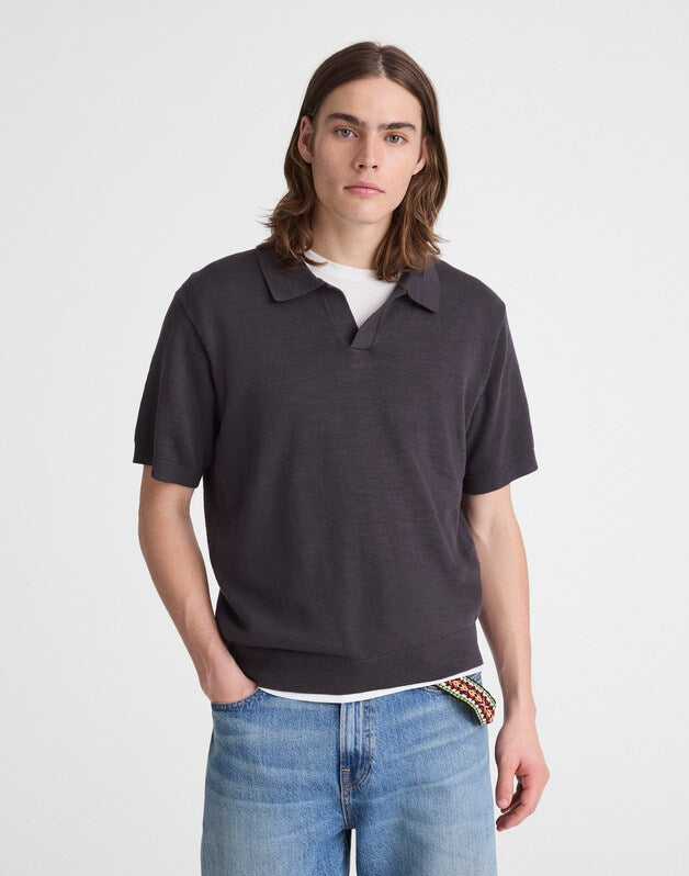 Johnny-Collar Sweater Polo in Slub Knit Cotton COAL