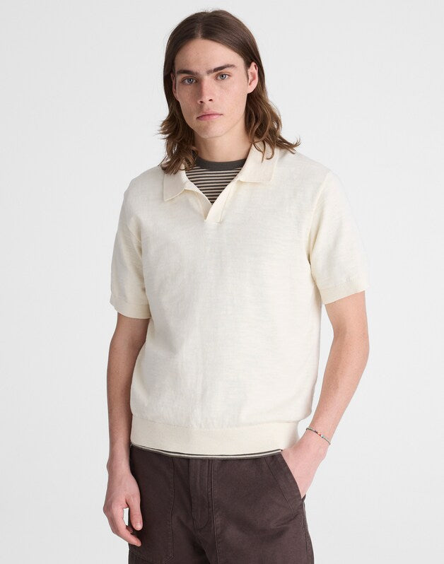 Johnny-Collar Sweater Polo in Slub Knit Cotton ANTIQUE CREAM